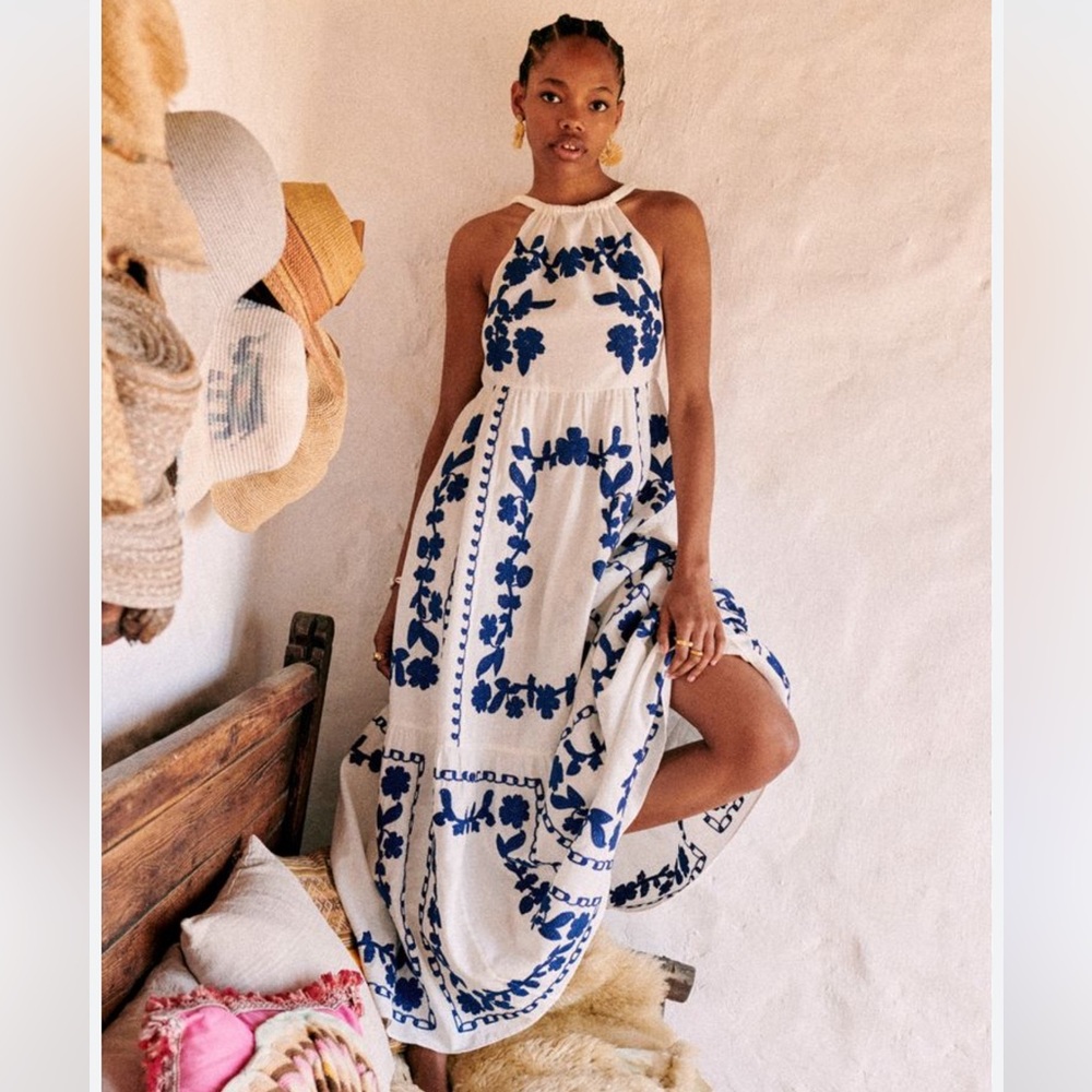 Sezane svetlana blue and white embroidered maxi dress size 36 nwot